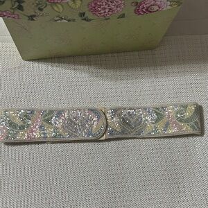 Vintage S Ivory Pink Green Yellow Blue Beaded Pastel Colored Wide Velcro Belt